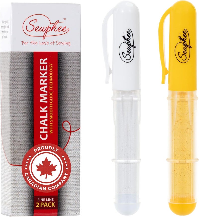 Sewphee Fabric Markers for Sewing – Ergonomic Tailors Chalk Pen with Improved Dosing Wheel for Sharp Lines - Washable Sewing Chalk Marking Pens that are Compatible with Most Fabrics - White and Yellow 2 Pack - Image 1